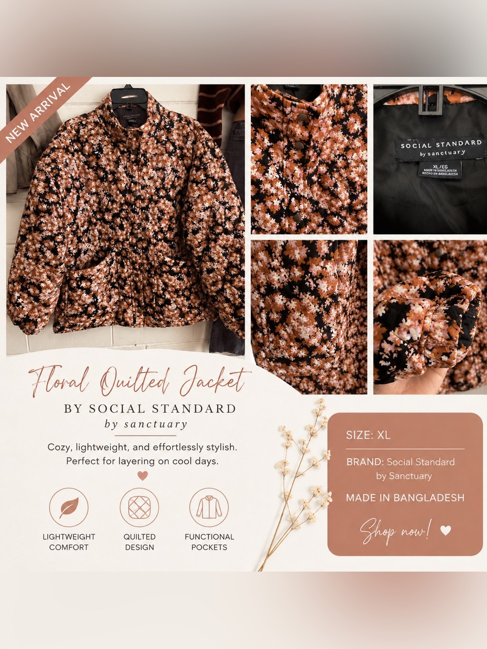 Sanctuary Floral Quilted Puffer Jacket - Black & Brown Floral